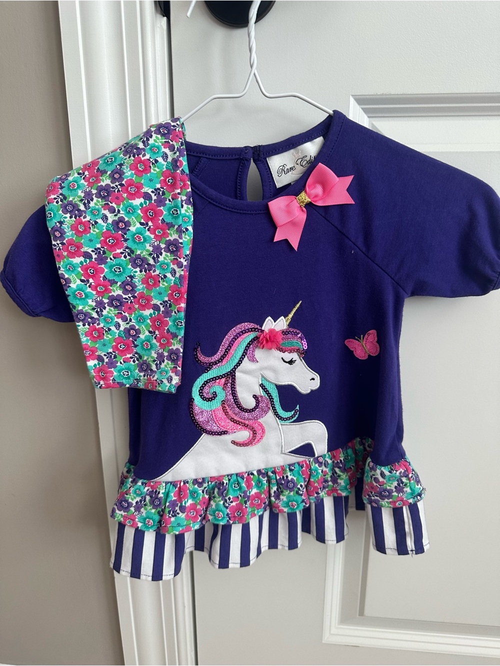Rare Editions Purple Unicorn Short Sleeve Top with Floral Accents